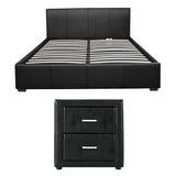 Artiss Gas Lift Queen Bed Frame and Bedside Table Set Leather Black