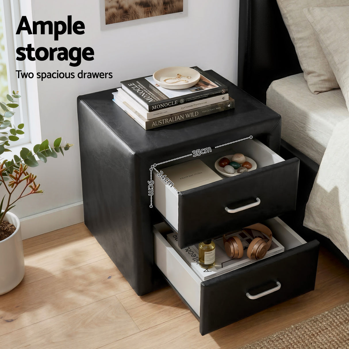 Artiss Gas Lift Queen Bed Frame and Bedside Table Set Leather Black