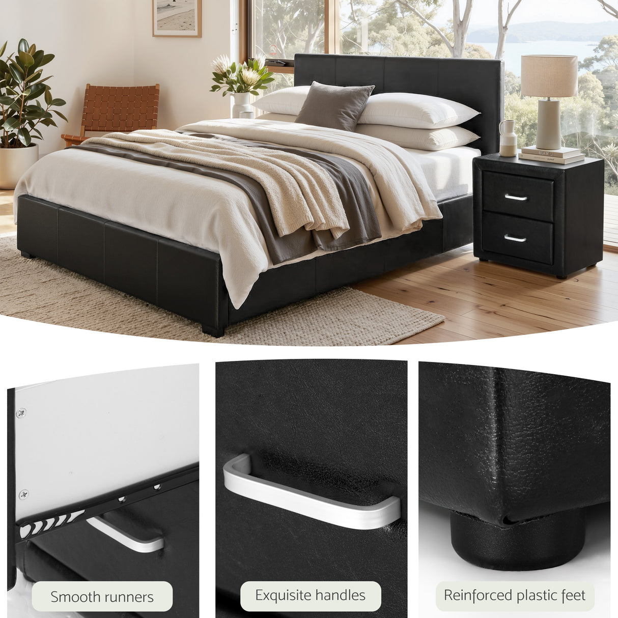 Artiss Gas Lift Queen Bed Frame and Bedside Table Set Leather Black