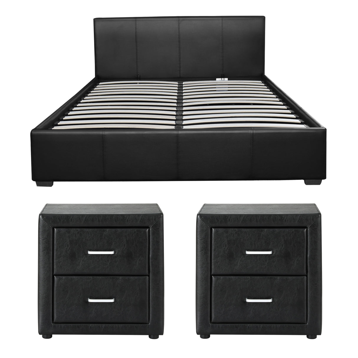 Artiss Gas Lift Queen Bed Frame and 2 Bedside Table Set Leather Black