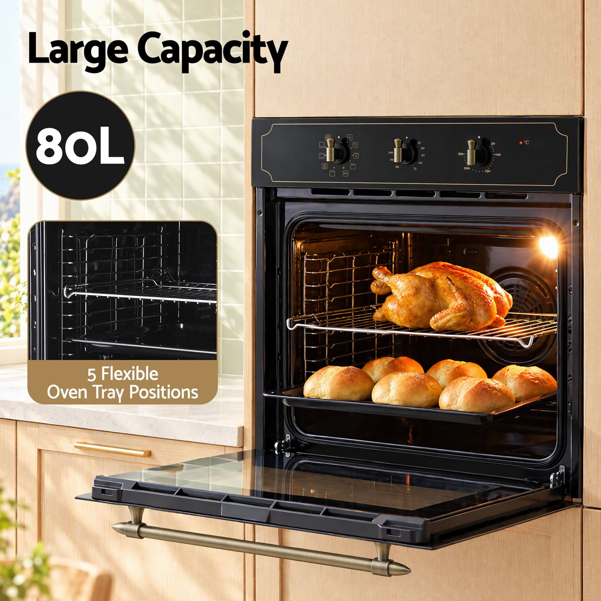Devanti 60cm Built-In Electric Oven 80L Gross 9 Functions Black