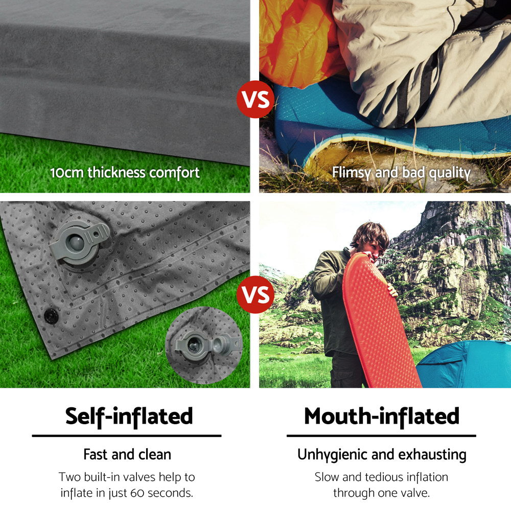 Weisshorn Self Inflating Mattress 10CM Camping Sleeping Mat Air Double Grey