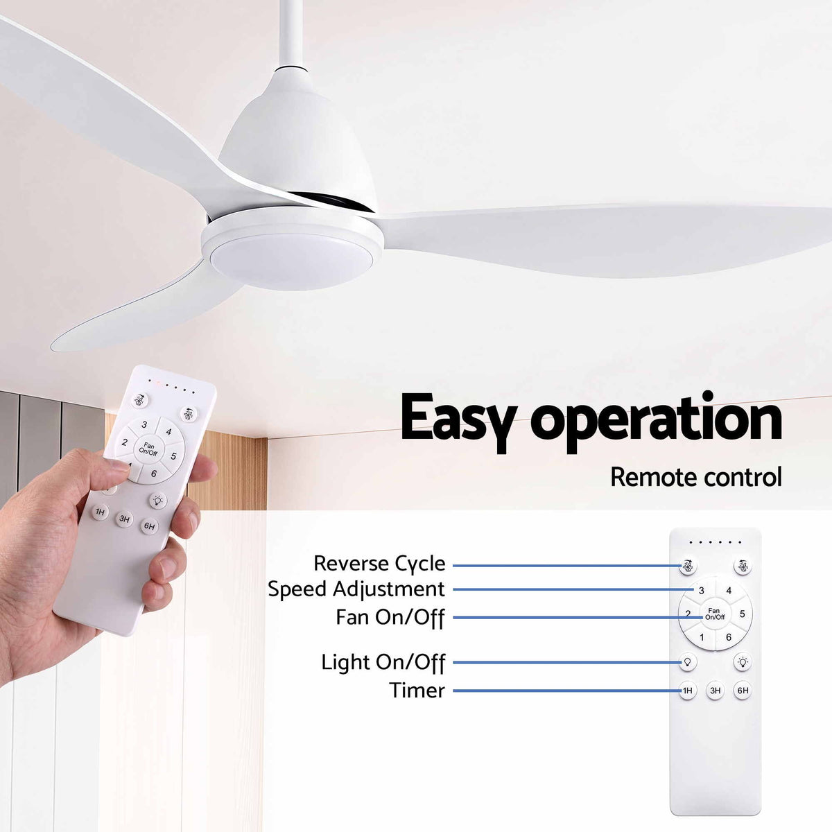 Devanti 48" Ceiling Fan with LED Light Remote Control DC Motor White