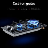 Devanti Gas Cooktop 30cm 2 Burner Built-in Stove Glass Cook Top NG LPG Wok Burner