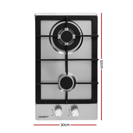 Devanti Gas Cooktop 30cm 2 Burner Silver