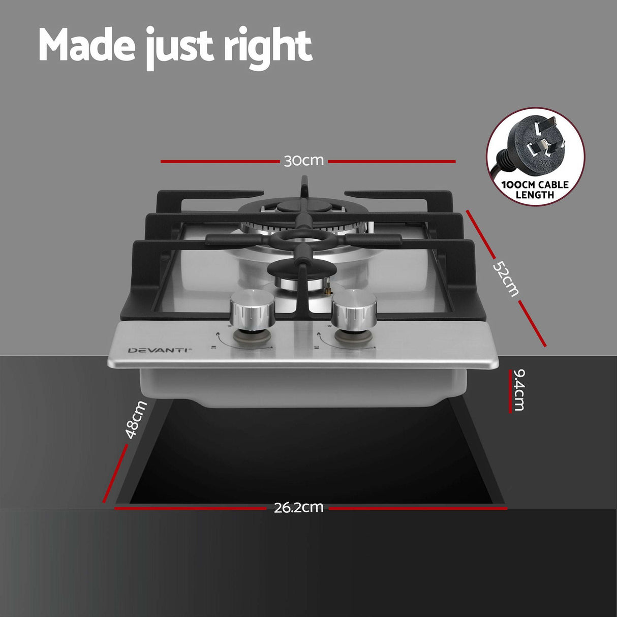 Devanti Gas Cooktop 30cm 2 Burner Silver