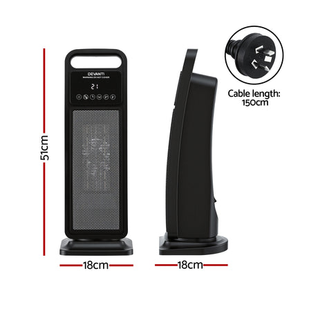 Devanti 2000W Ceramic Tower Heater Space Heaters Indoor Oscillating Black