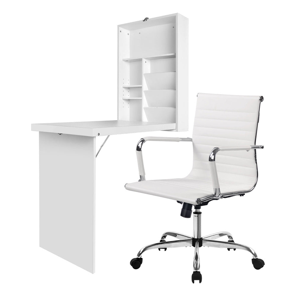 Artiss Computer Desk Office Chair Set PU Leather Wall Mount Foldable Table White