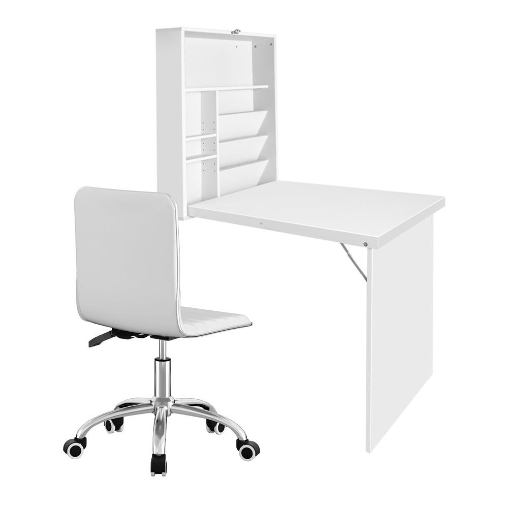 Artiss Computer Desk Office Chair Set PU Leather Wall Mount Foldable Table White