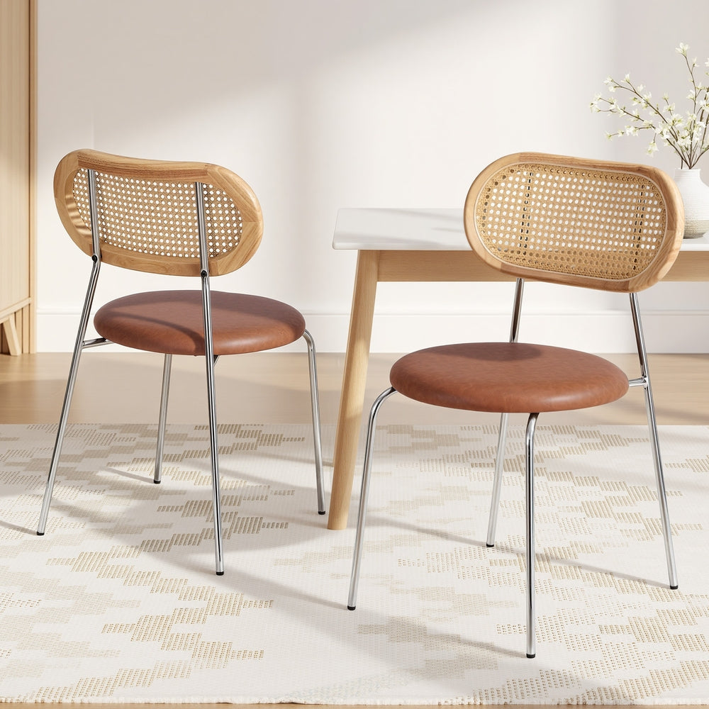 Artiss 2x Dining Chairs PU Leather Rattan Kitchen Lounge Cafe Accent Chair Brown