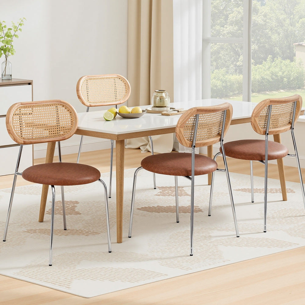 Artiss 4x Dining Chairs PU Leather Rattan Kitchen Lounge Cafe Accent Chair Brown