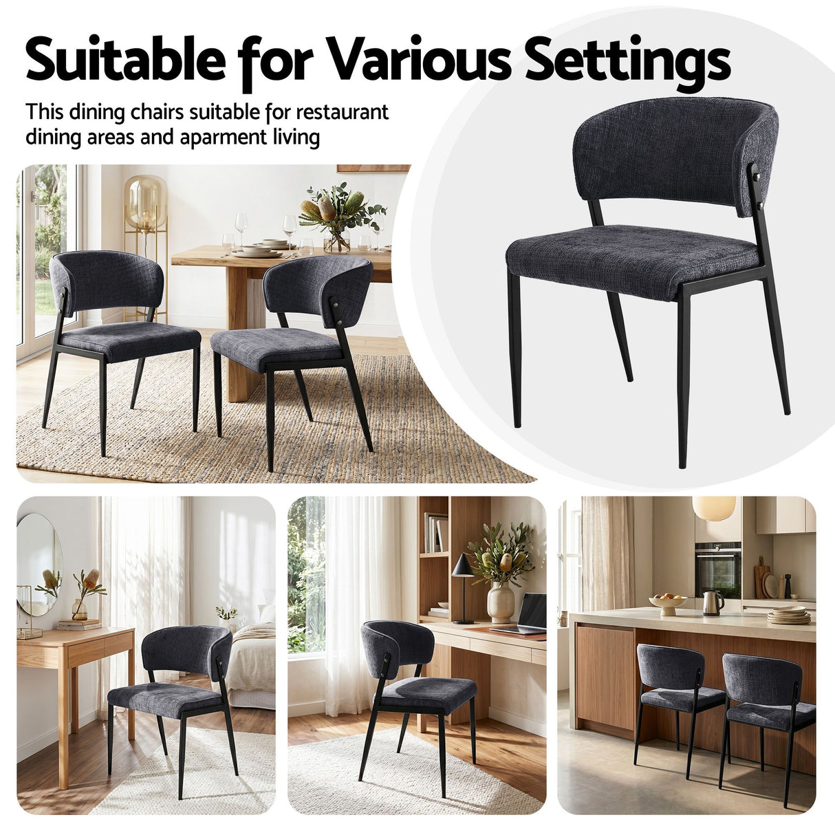 Artiss Dining Chairs Set of 2 Linen Fabric Soft Upholstered Chairs Charcoal