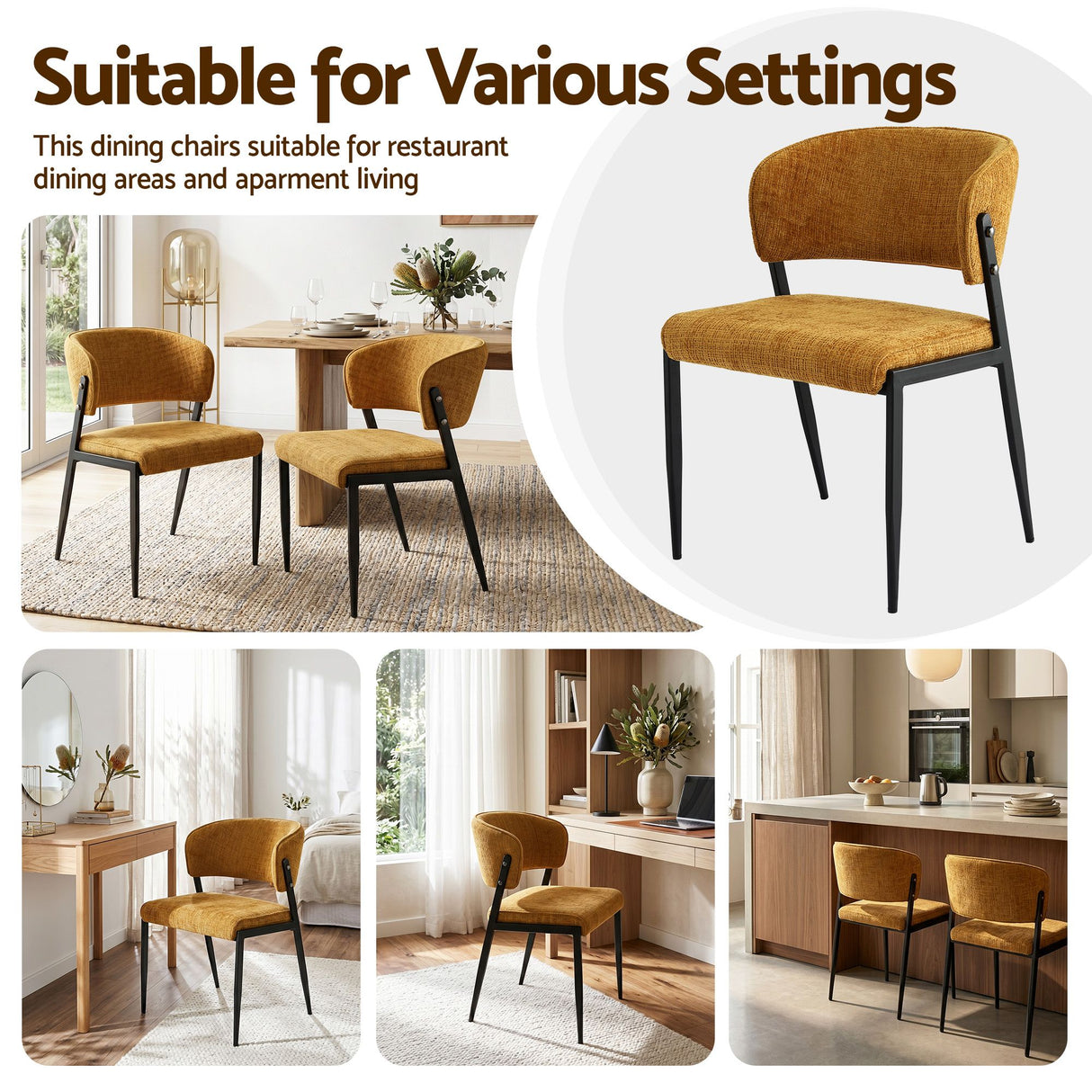 Artiss Dining Chairs Set of 6 Linen Fabric Soft Upholstered Chairs Mustard