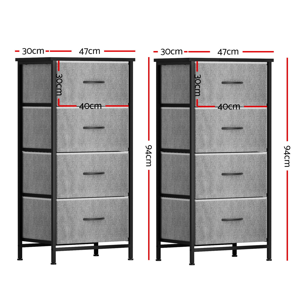 Artiss Set of 2 Chest of 4 Drawers Storage Dresser Tallboy Grey
