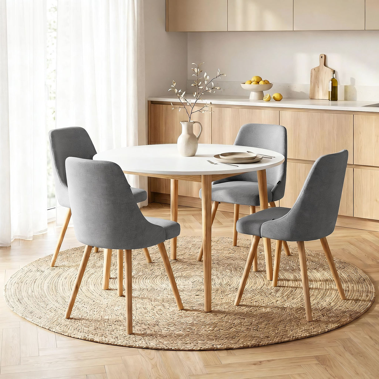 Artiss Round Dining Table and Chairs Set 5pcs Compact Kitchen Furniture White Natural Wood & Grey