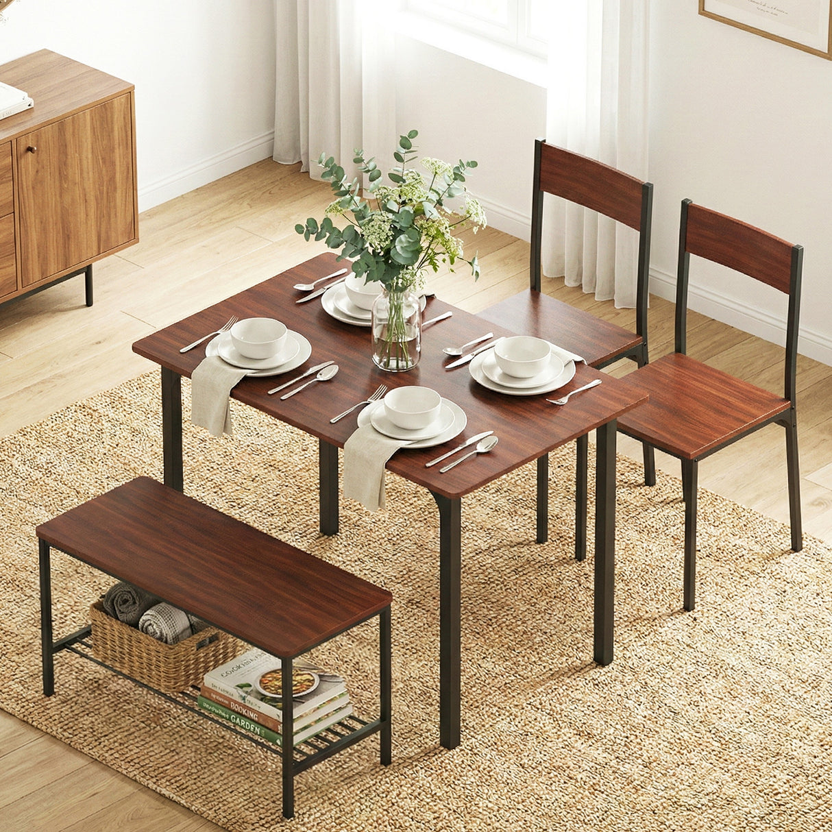 Artiss Dining Table and Chairs Set of 4 Storage Bench Kitchen Furniture Walnut