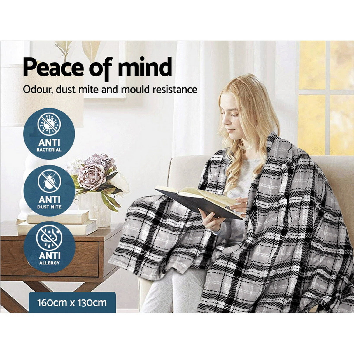 Giselle Bedding Electric Throw Flannel Snuggle Blanket Washable Heated Grey and White Checkered
