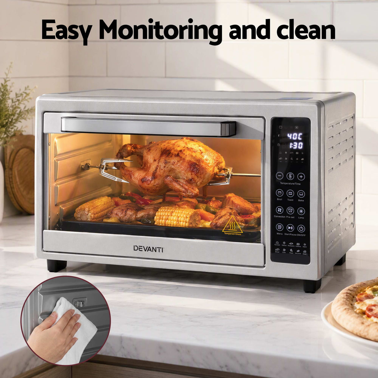 Devanti 48L Convection Oven Electric Fryer Bake Grill Ovens Benchtop 2000W Silver