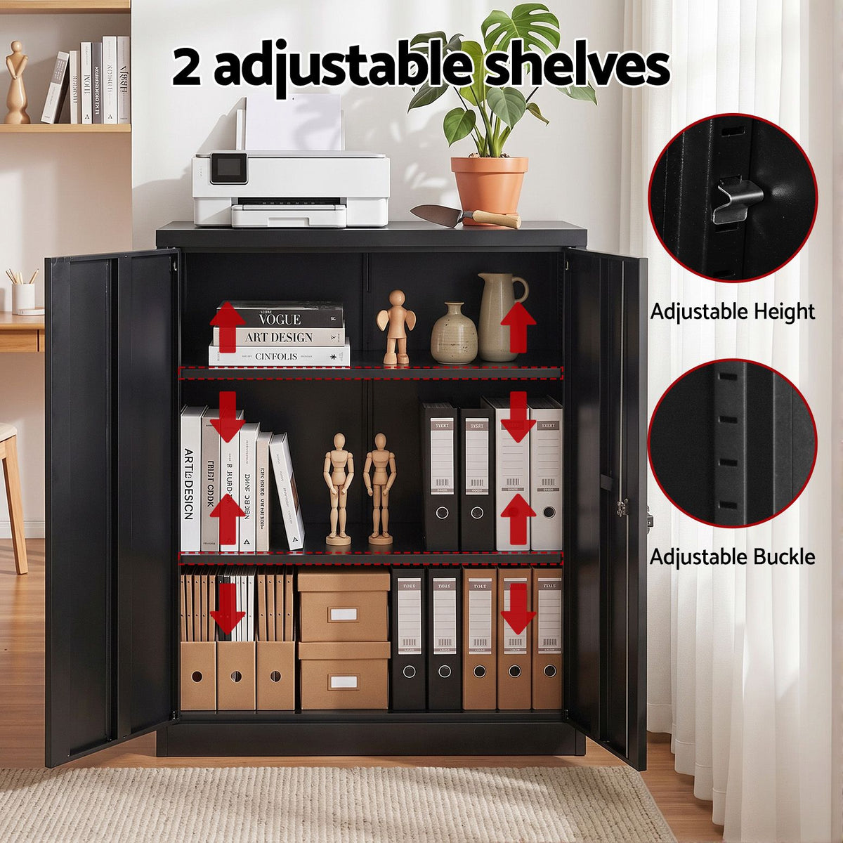 Artiss 100cm Steel Locker Cabinet Filing Mental Storage 100cm 3-Point Lock 2 Adjustable Shelves Black