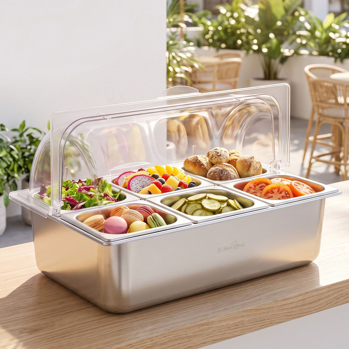 5-Star Chef 6 Pan Food Serving Display Stainless Steel Cooler Platter with Clear Roll Top Cover