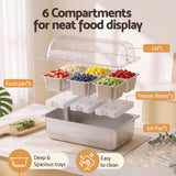 5-Star Chef 6 Pan Food Serving Display Stainless Steel Cooler Platter with Clear Roll Top Cover