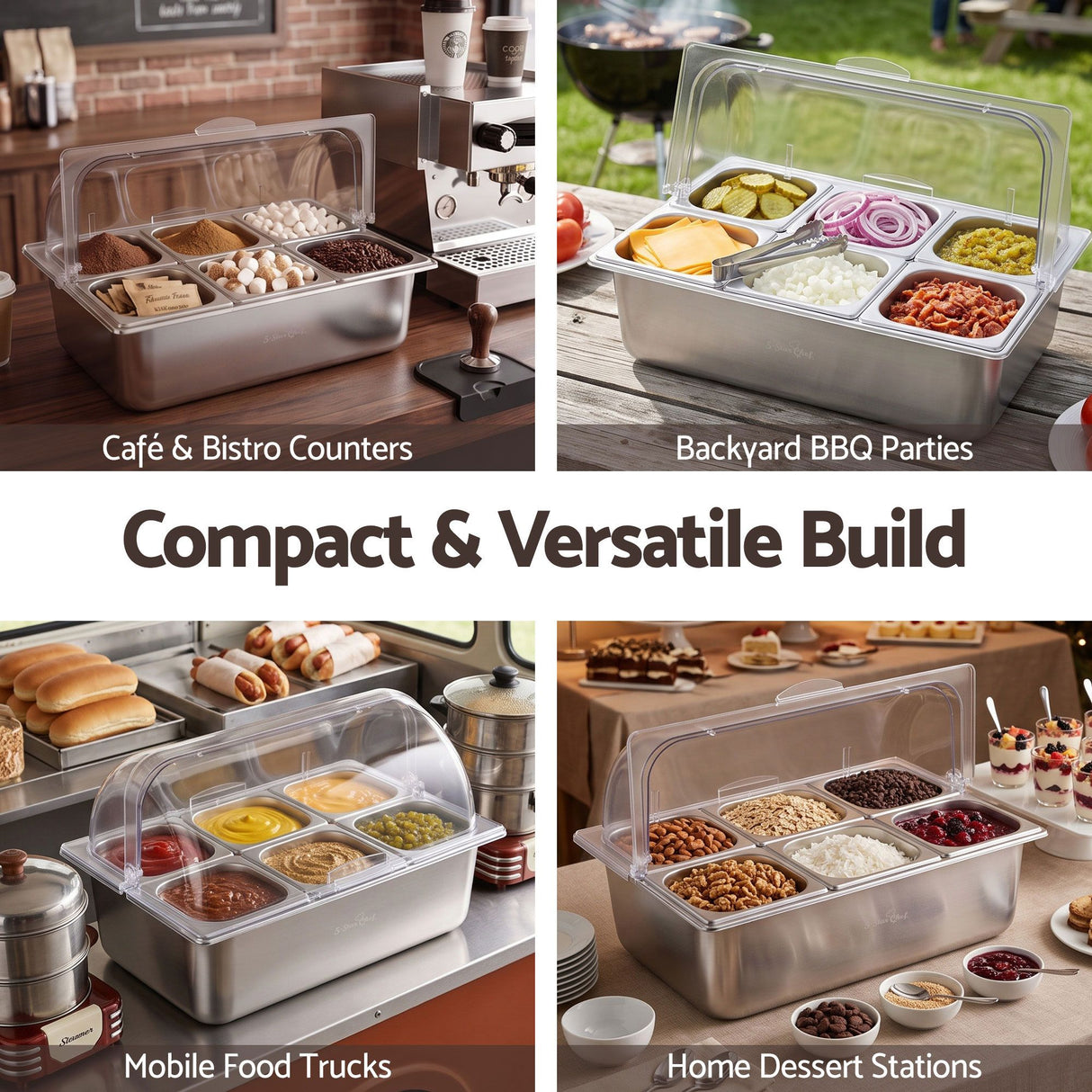 5-Star Chef 6 Pan Food Serving Display Stainless Steel Cooler Platter with Clear Roll Top Cover