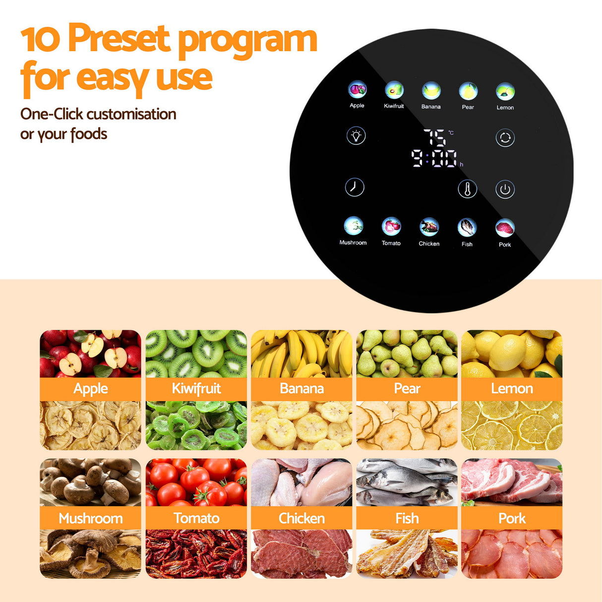 Devanti 8 Trays Food Dehydrator Stainless Steel Auto-Rotate 10 Programs 700W