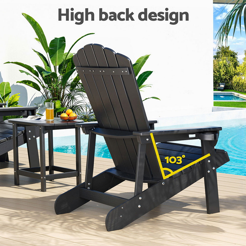 Gardeon Outdoor Table and Chairs HDPE Adirondack Beach Chair Sun Lounge Patio Furniture Garden Black