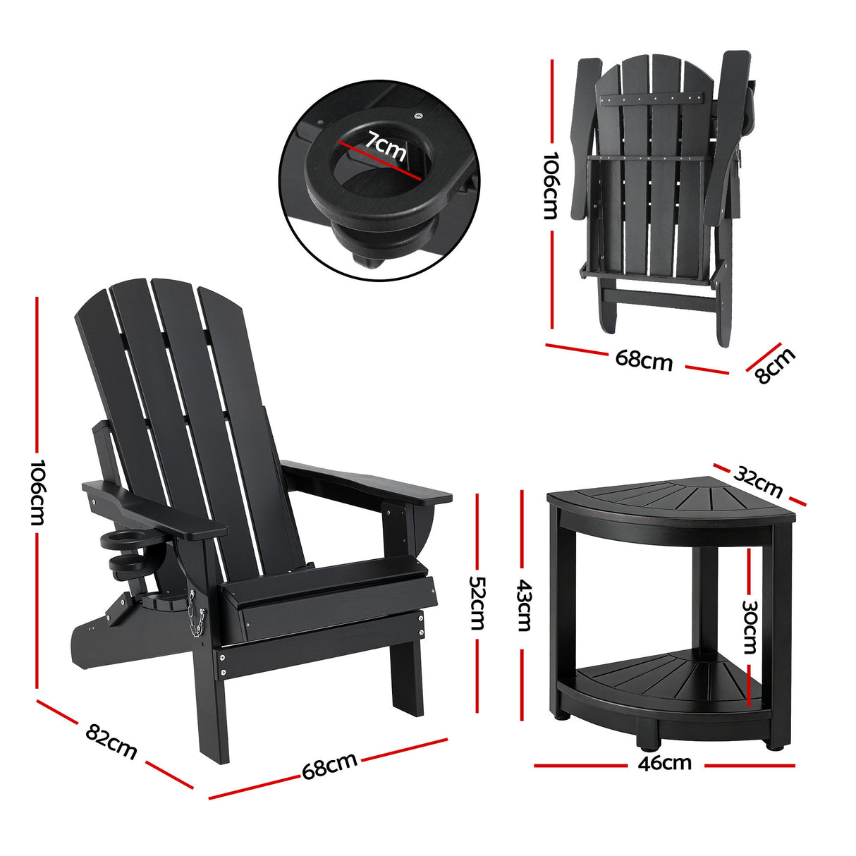 Gardeon Outdoor Table and Chairs HDPE Folding Adirondack Beach Chair Patio Furniture Black