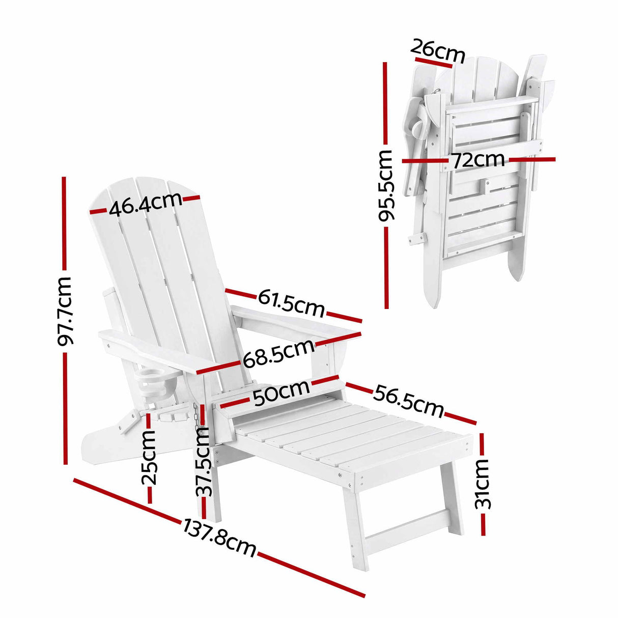 Gardeon Folding Sun Lounger Adirondack Chair Outdoor Lounge Setting HDPE Recliner Footrest White