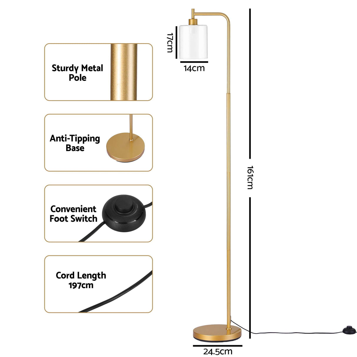 Artiss Floor Lamp Modern Industrial Standing Light with Clear Glass Shade, GoldMetal Tall Lamp for Living Room, Bedroom & Office, Anti-Tipping Weighted Base & Foot Switch (Bulb Not Included)