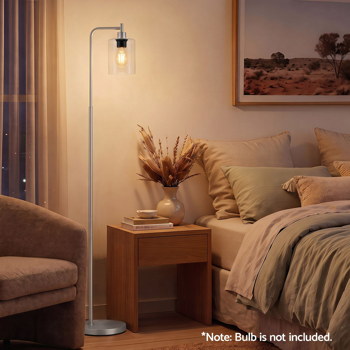 Artiss Floor Lamp Modern Industrial Standing Light with Clear Glass Shade, Silver Metal Tall Lamp for Living Room, Bedroom & Office, Anti-Tipping Weighted Base & Foot Switch (Bulb Not Included)