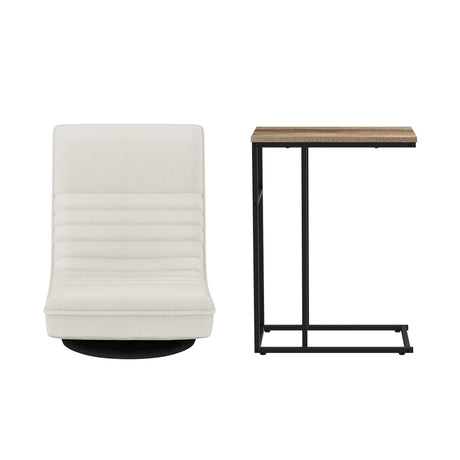 Artiss Floor Lounge & Coffee Table Set, Swviel Foldable Linen Sofa Chair White, C-Shaped Side Table Walnut