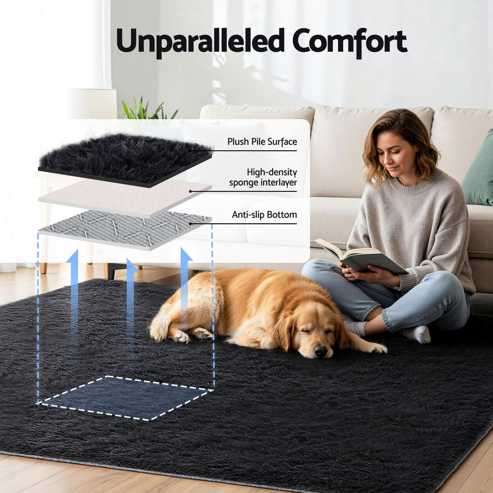 Artiss Floor Rug 200x230cm Plush Area Shaggy Rug Living Room Bedroom Carpet Black