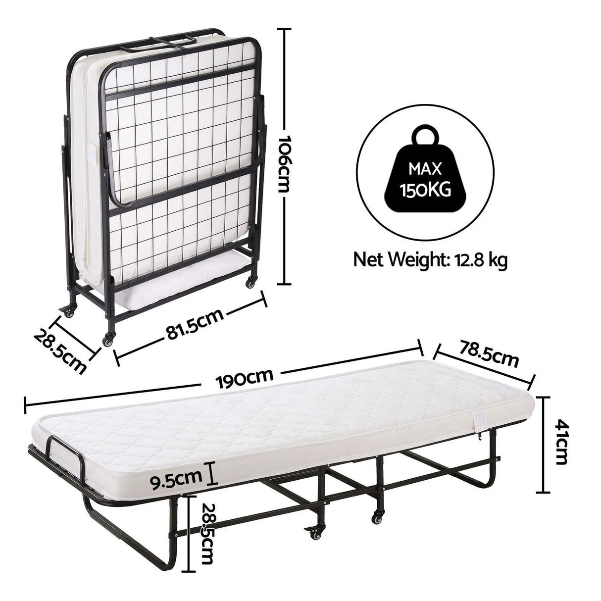 ARTISS Folding Bed with Mattress, Portable Rollaway 150kg Capacity 190CM