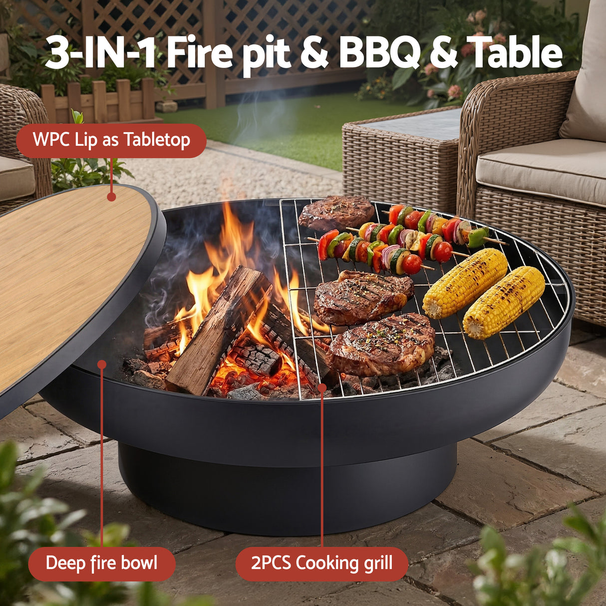 Grillz Fire Pit Table with Lid Deep Fire Bowl Wood Burning BBQ Grill for Backyard Camping Patio Picnic