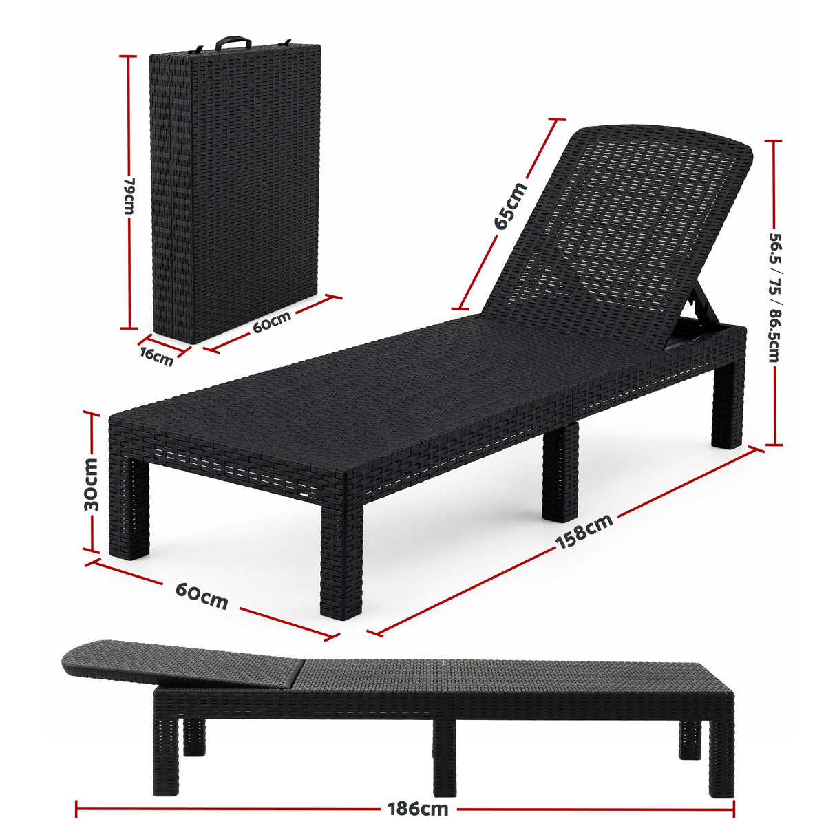 Gardeon 2X Foldable Sun Lounges Outdoor Recliner Patio Beach Chair Rattan Black