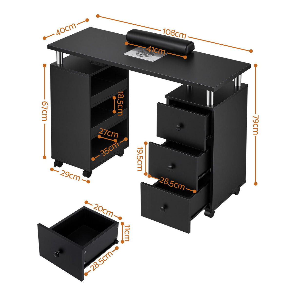 Artiss Manicure Table Nail Desk with Built-in Dust Collector Beauty Salon Station Drawers Shelves Wrist Cushion Wheels Black