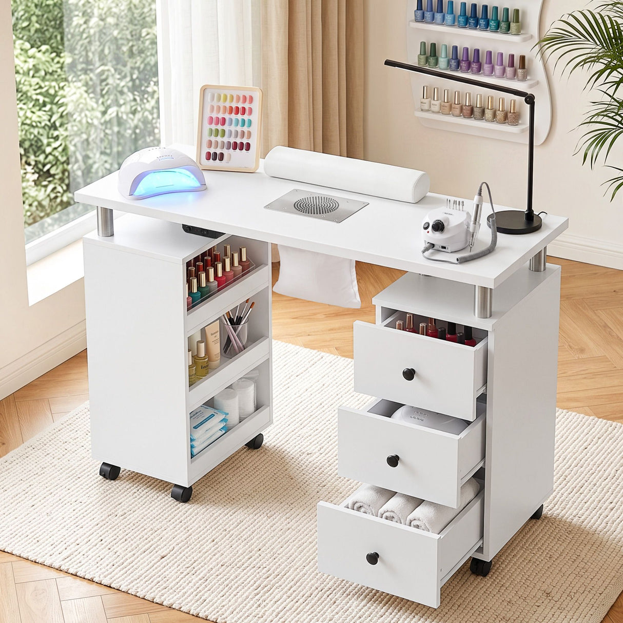 Artiss Manicure Table Nail Desk with Built-in Dust Collector Beauty Salon Station Drawers Shelves Wrist Cushion Wheels White
