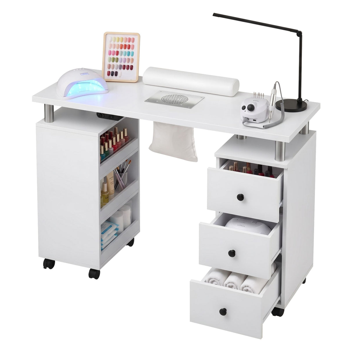 Artiss Manicure Table Nail Desk with Built-in Dust Collector Beauty Salon Station Drawers Shelves Wrist Cushion Wheels White