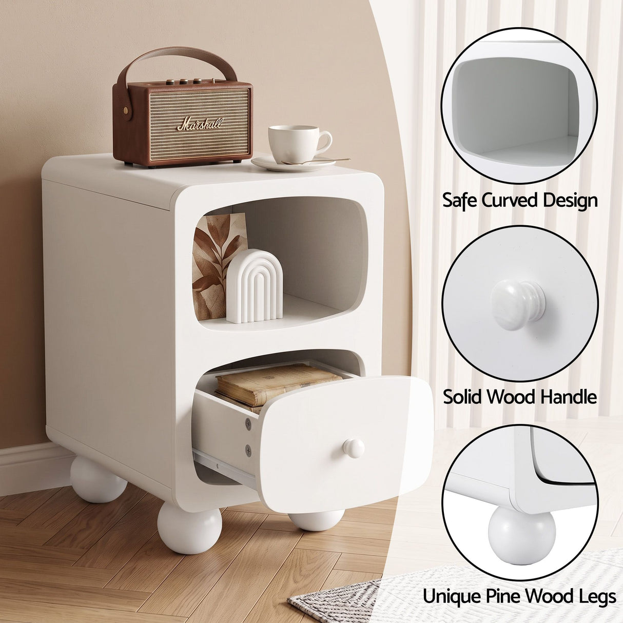 Artiss Bedside Table Storage Drawer Shelf Pine Wood Legs White