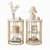 Artiss Side Table Set of 2 Marble Effect Round Coffee Table 2 Tier End Bedside Table Nightstand White&Gold