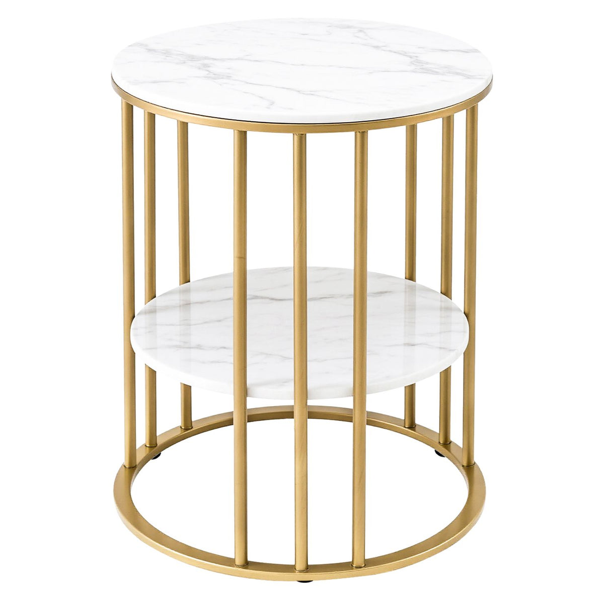 Artiss Side Table Set of 2 Marble Effect Round Coffee Table 2 Tier End Bedside Table Nightstand White&Gold