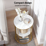 Artiss Side Table Set of 2 Marble Effect Round Coffee Table 2 Tier End Bedside Table Nightstand White&Gold