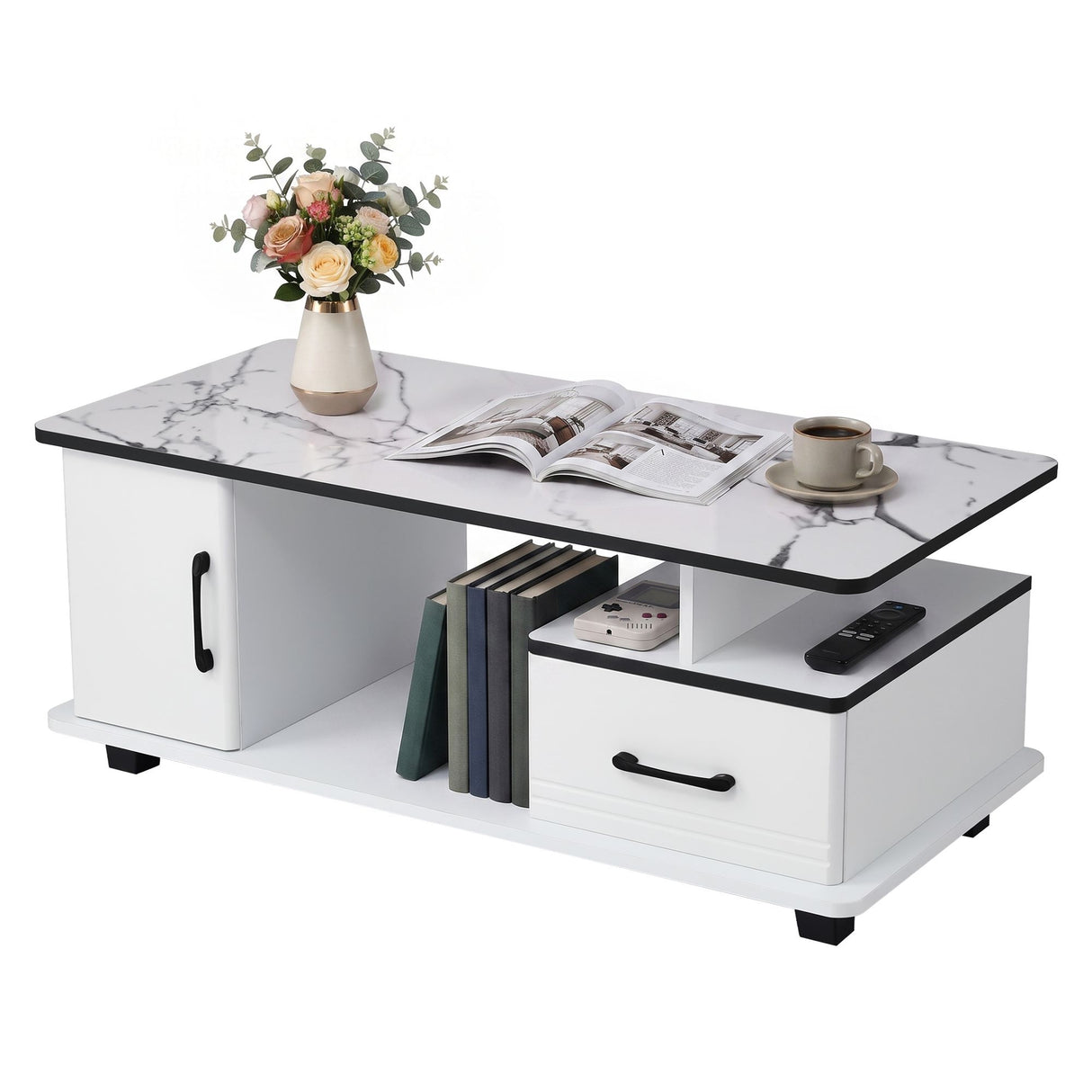 Artiss Coffee Table Marble Finish Center Table with Storage Drawer Cabinet Wood White