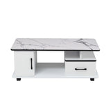 Artiss Coffee Table Marble Finish Center Table with Storage Drawer Cabinet Wood White