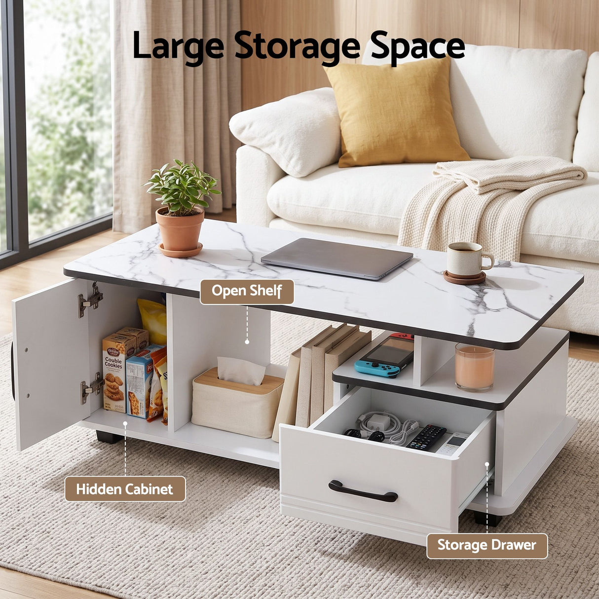 Artiss Coffee Table Marble Finish Center Table with Storage Drawer Cabinet Wood White
