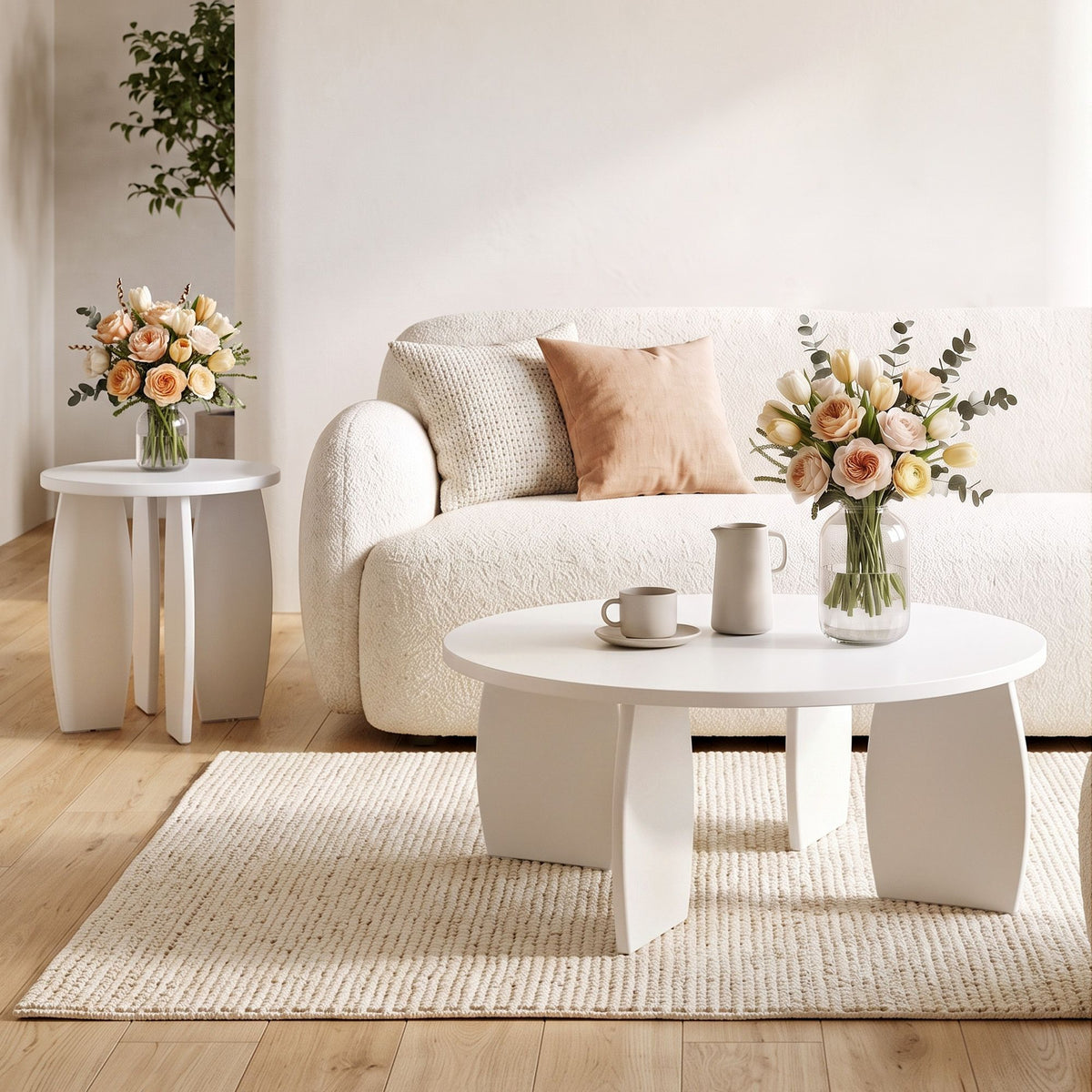 Artiss Round End Table Set Of 2 High-Gloss Coffee Table Bedside Nightstand 40x45cm Cream white