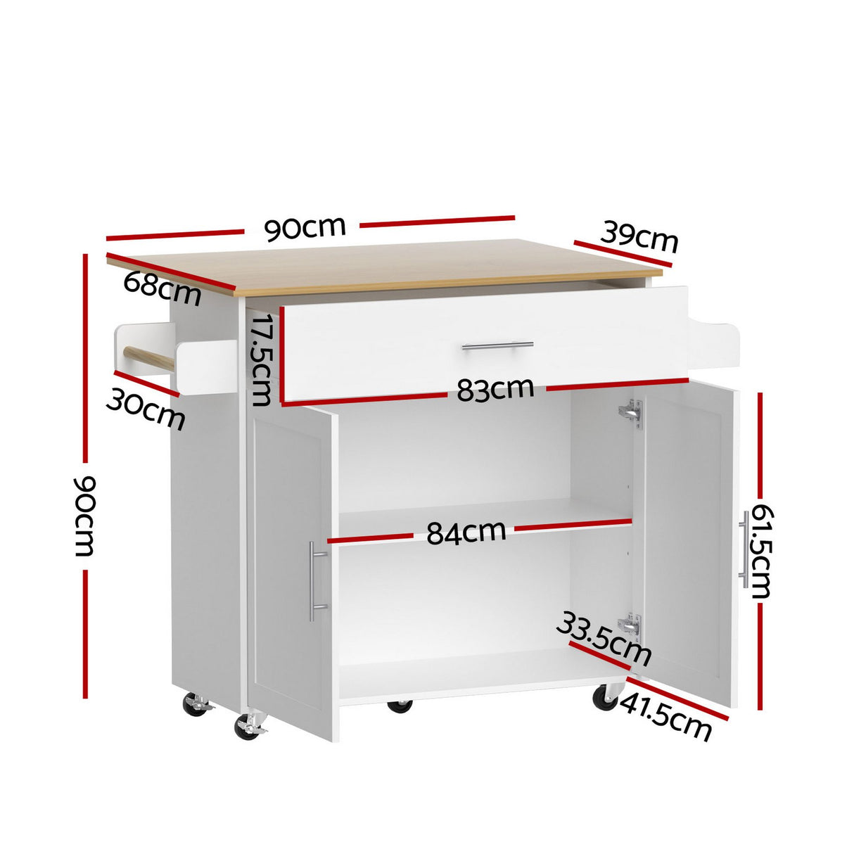 Artiss Kitchen Island Trolley Rolling Serving Cart Storage Drawer Cabinet 90cm White