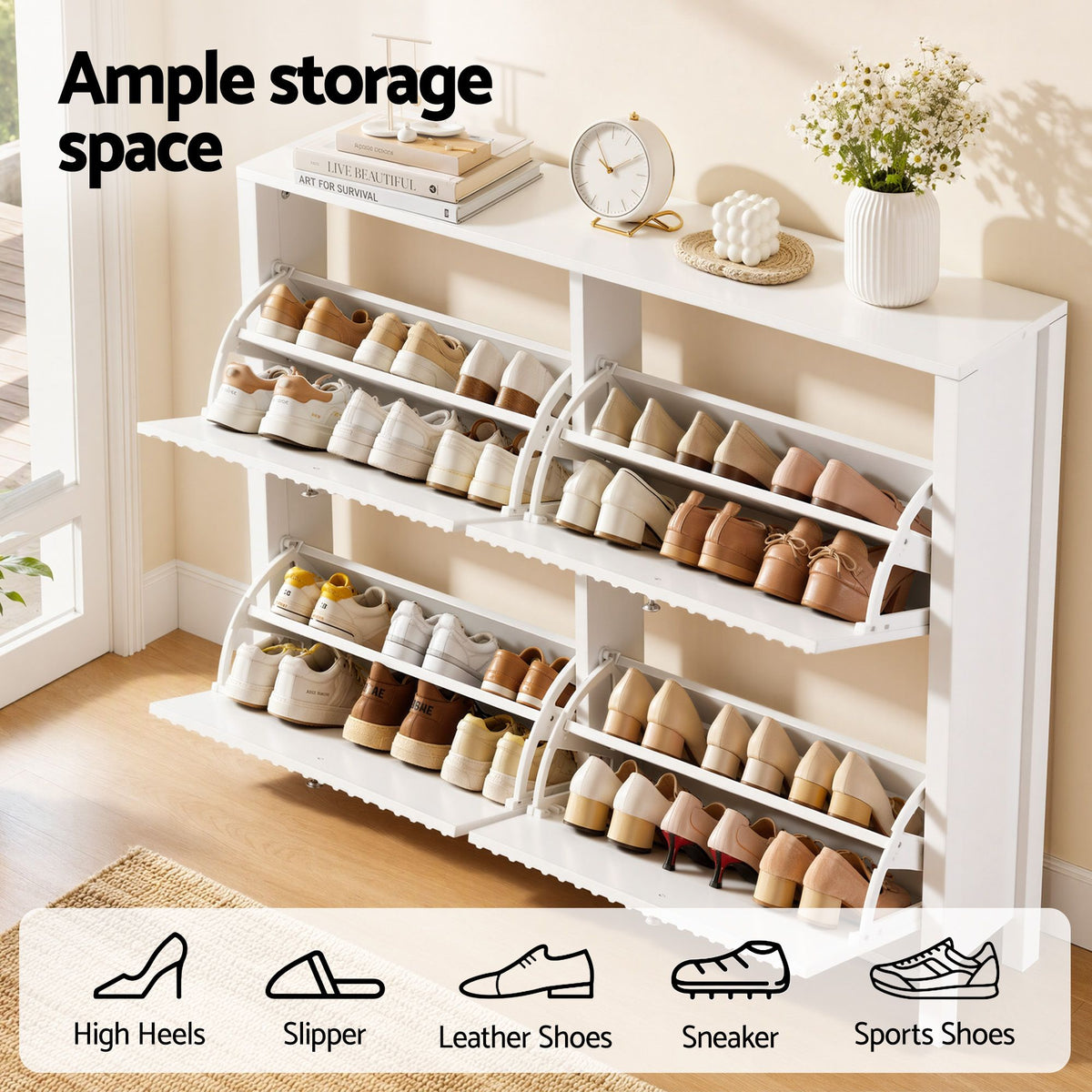 Artiss Shoe Cabinet 4 Flip Drawers Fluted Style Adjustable Shelves White